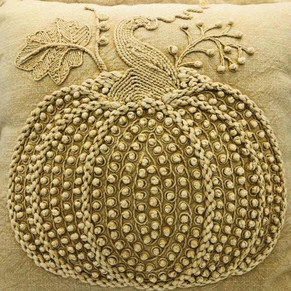 Vtg Shabby Chic Embroidered Textured Pumpkin Decorative Pillow Beige Cotton 19" - Picture 2 of 11